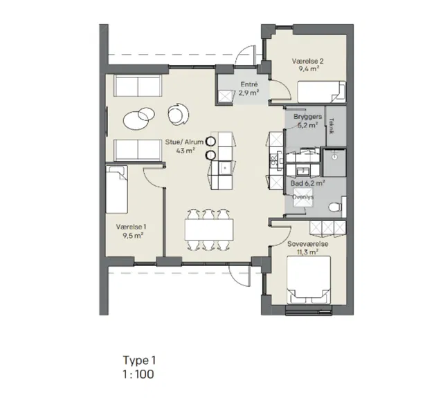 townhouse Modern 4-Room Terraced House in Skive