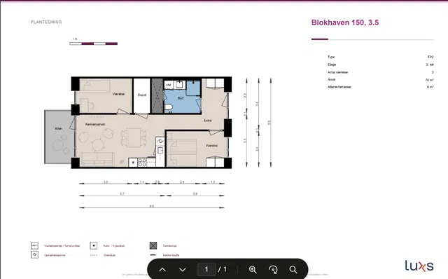 apartment Velindrettet lejlighed på 76 m²