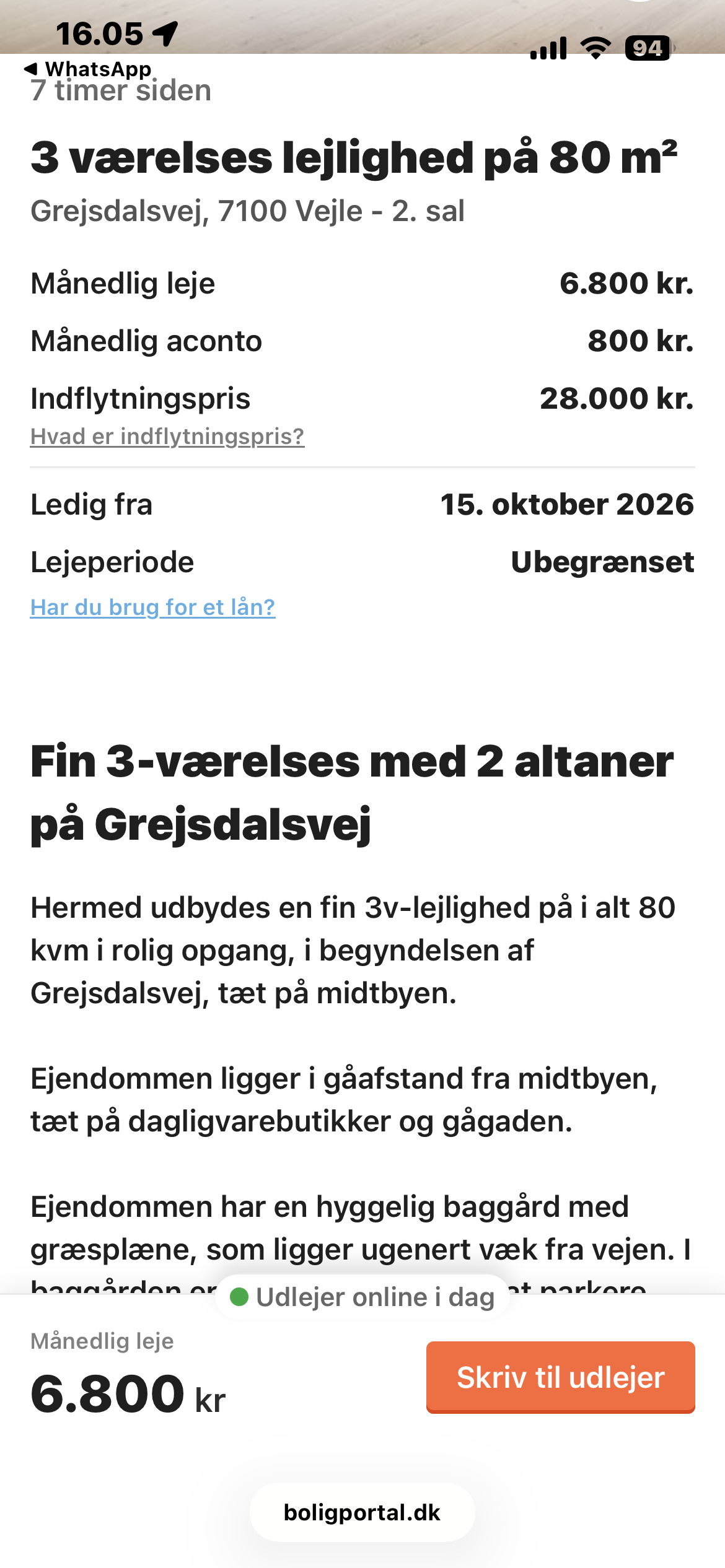 apartment Lys 3-værelses lejlighed på 80 m² nær Vejle centrum