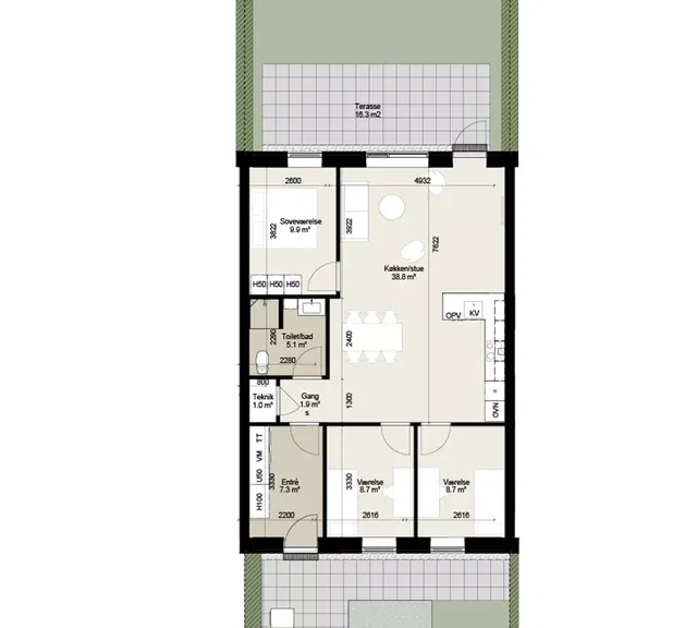 townhouse Lys bolig med terrasse og tre værelser