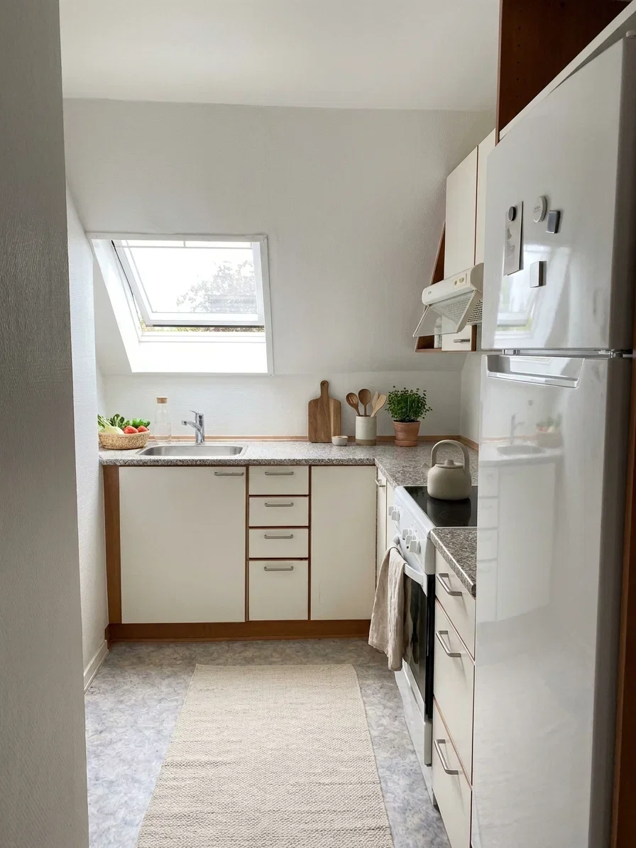 apartment Lys og indbydende lejlighed med stukdetaljer, plankegulve og charmerende køkken med ovenlysvindue.