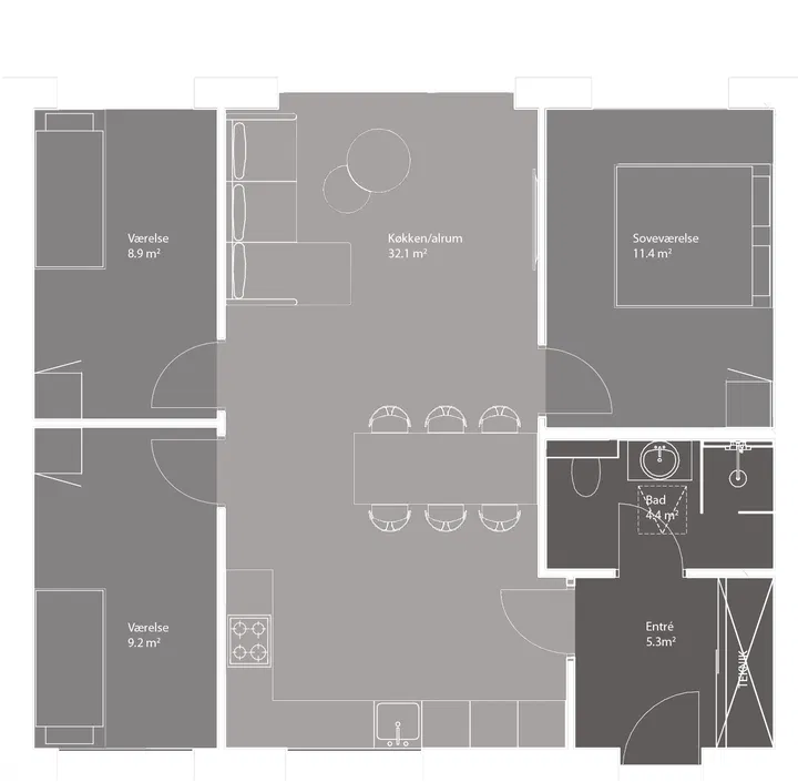 4 moderne rækkehuse i ét plan med 3 eller 4 værelser - 85 m² - Hedensted